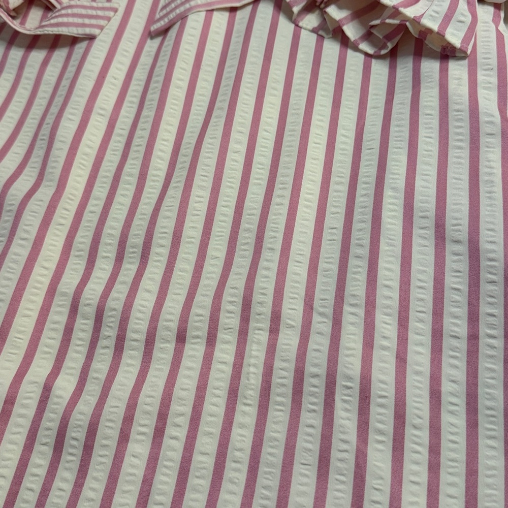 Entro White & Pink Stripe SearSucker Mini Dress, Exaggerated Balloon Sleeves - Picture 10 of 16